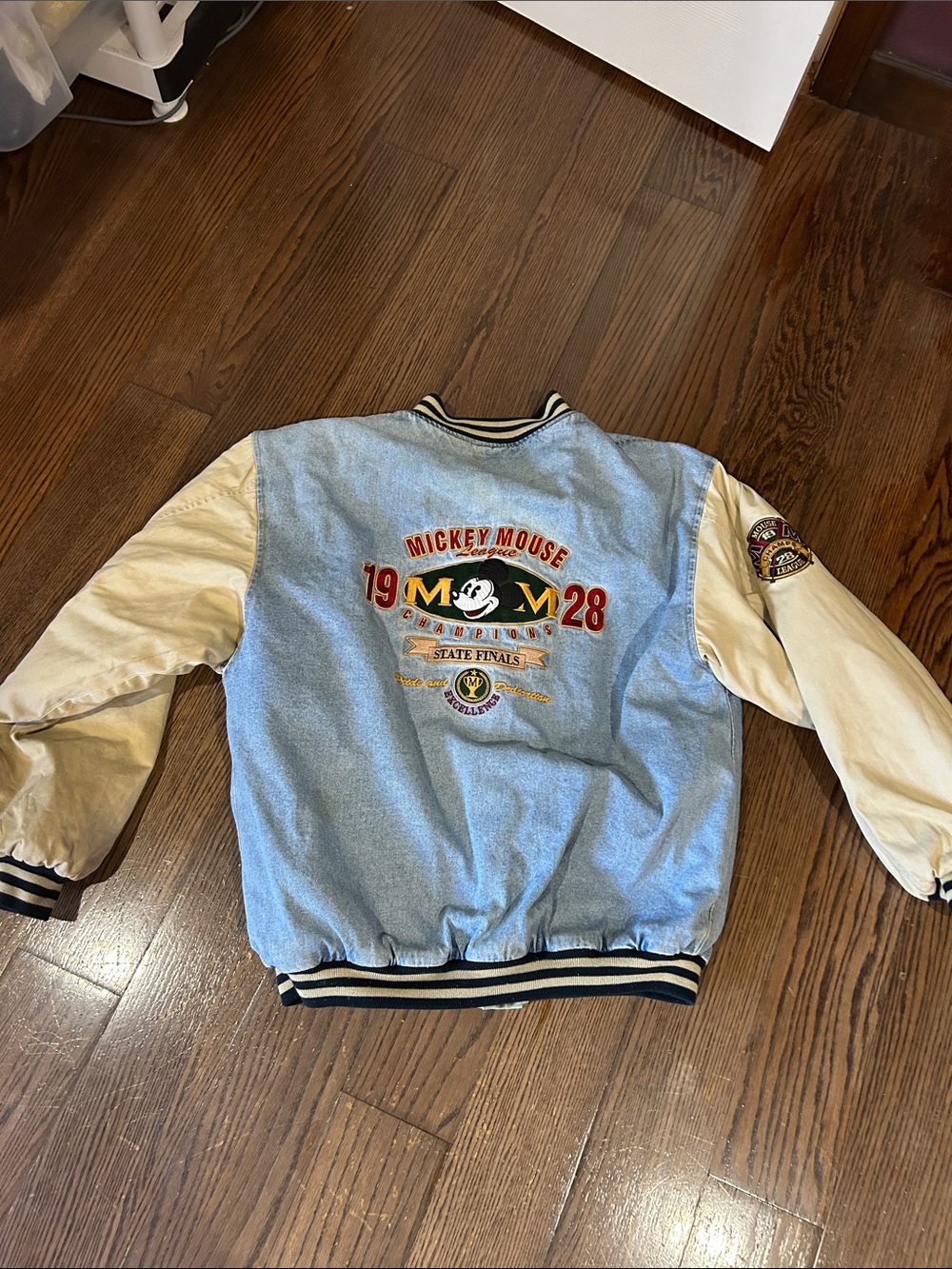 Vtg Disney Mickey Mouse Mens league denim 1928 Jacket - Light Blue & Cream
